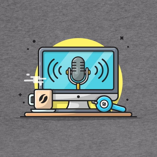 Monitor with Speaker, Hot Coffee and Headphone Cartoon Vector Icon Illustration by Catalyst Labs